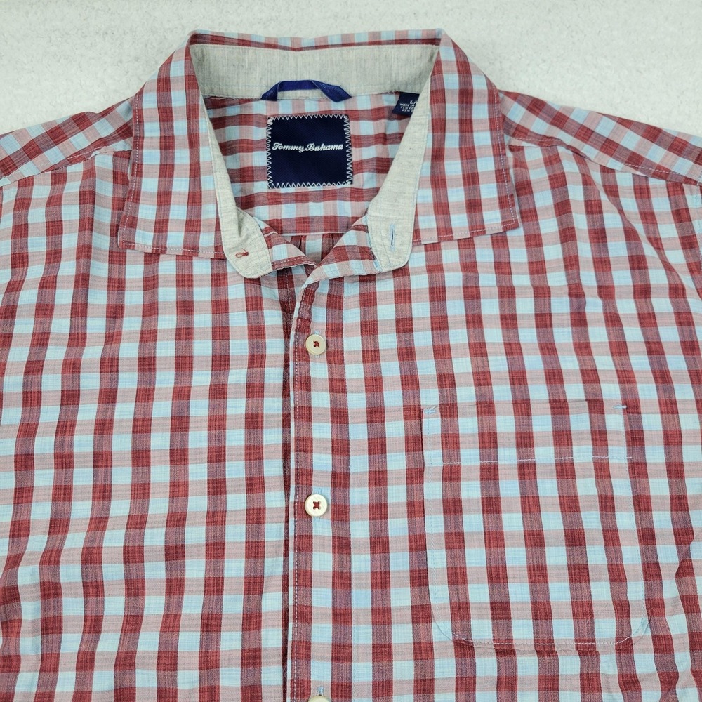 Tommy Bahama Shirt Mens Large Red Blue Plaid Button Up Silk Blend‎ Casual Pocket